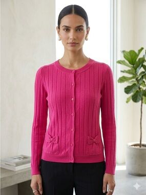RED Valentino Fuchsia Pink Cotton Bow Ribbed Cardigan - Small